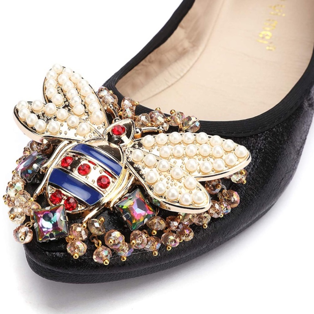 Bee Pearl Rhinestone Flats Ballet Slip-On Shoes - Picture 3 of 7